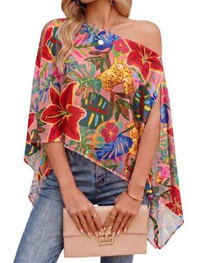 Women's Floral Print Off Shoulder Chiffon Batwing Slit Sleeve Sheer Loose Blouse